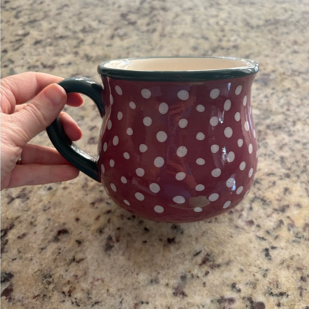PIONEER WOMAN JUMBO 28 OZS POT BELLY MUG RED WITH WHITE POLKA DOTS GREEN TRIM - Picture 4 of 4